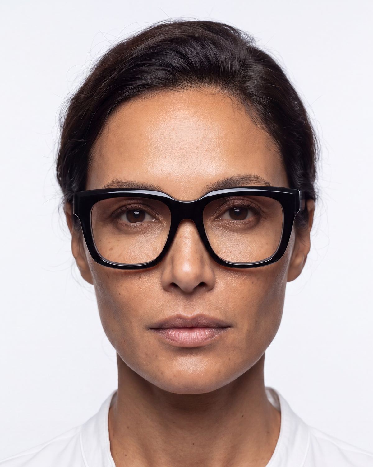 Therese in black, worn, Heather lenses